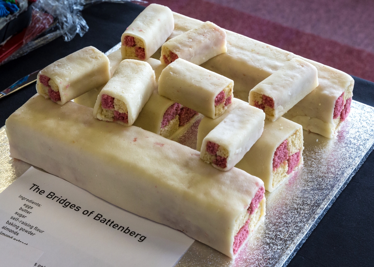 Battenburg cakes arranged to match the Bridges of Königsberg puzzle.